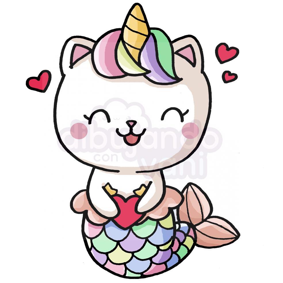 Gato unicornio para colorear en estilo kawaii - Dibujando con Vani