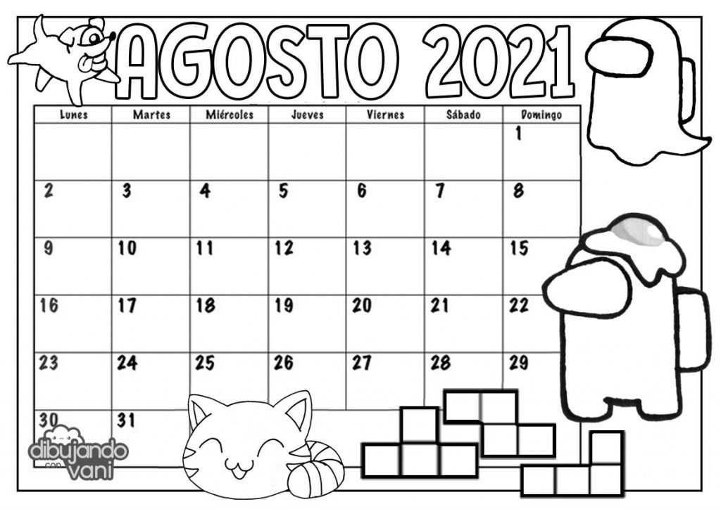 Agosto 2021 para imprimir y colorear- Calendario - Dibujando con Vani