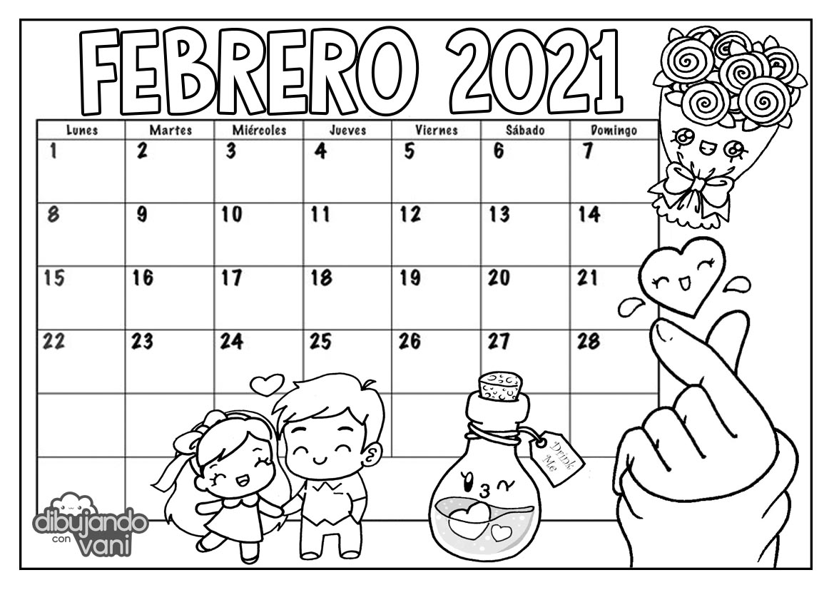 Febrero 2021 para imprimir y colorear- Calendario - Dibujando con Vani