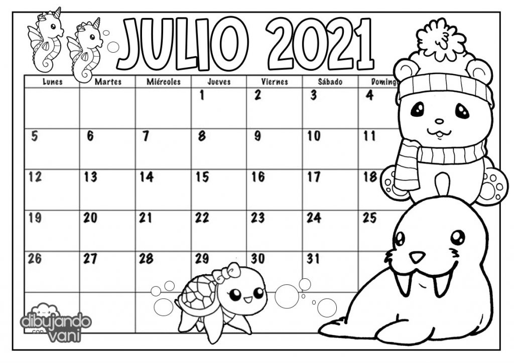 Julio 2021 para imprimir y colorear- Calendario - Dibujando con Vani