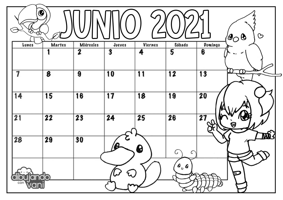 Junio 2021 para imprimir y colorear- Calendario - Dibujando con Vani