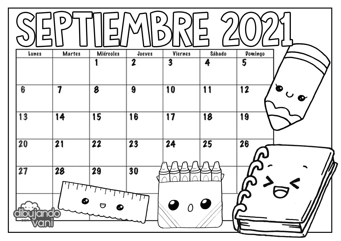Septiembre 2021 para imprimir y colorear- Calendario - Dibujando con Vani